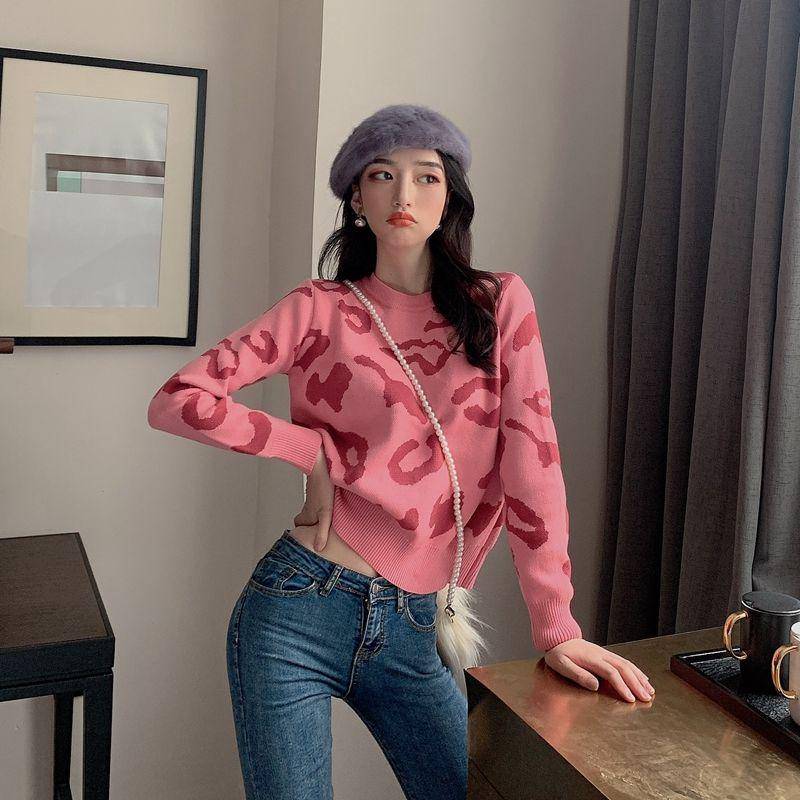 Farblich passender Leopardenpullover für Herbst und Winter, wilder Pullover für Damen, langärmeliger Rundhals-Strickpullover One Size von Joom DACH