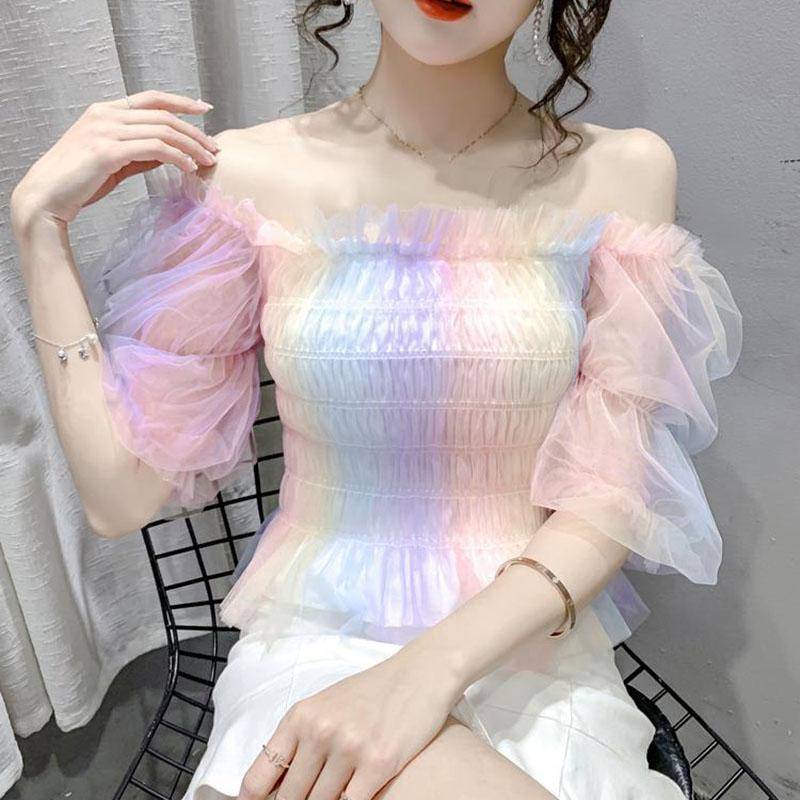 Farbverlauf Puffärmel Damen Bluse Mesh Slash Neck Fairy Style Slim Cropped Top Elastische Taille Süße Rüschenfalte Sommer XL rosa von Joom DACH