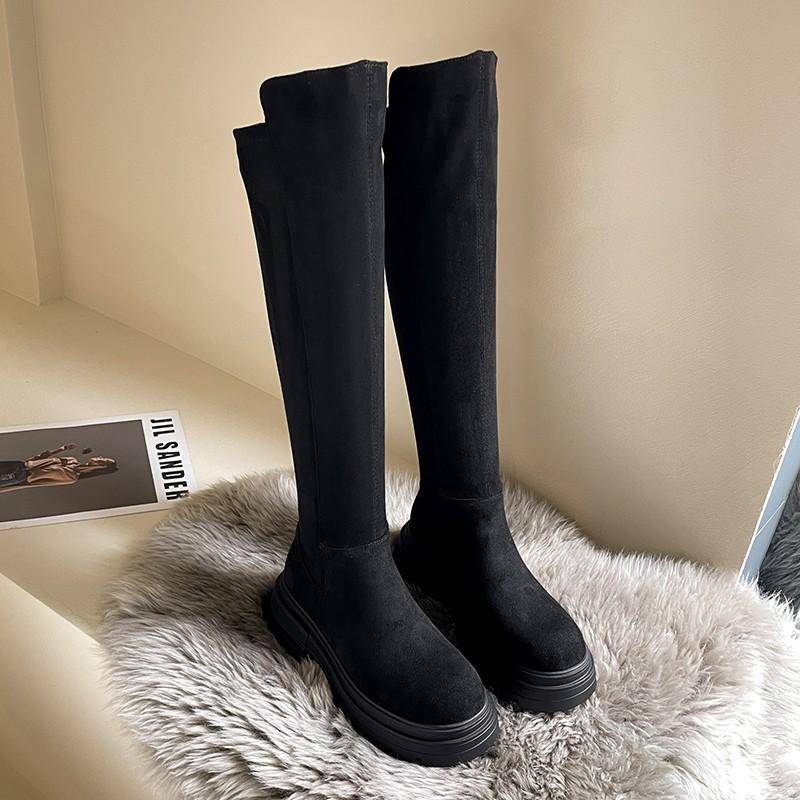 Mode 2024 Chelsea Stiefel Overknee Damen Flache Schuhe Dicke Sohle Winter Neu Runde Zehe Gladiator Stiefel 39 schwarz von Joom DACH