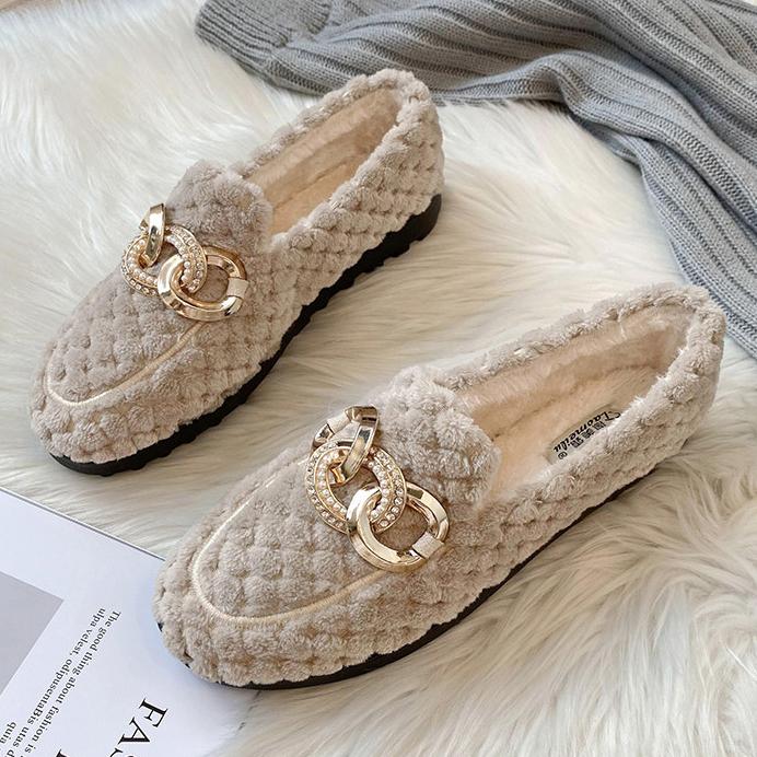 Mode 2025 Marke Metallkette Lammwolle Mokassins Damen Fleece Sneaker Winterschuhe Damen Warme Woll-Loafer Übergröße Pelz Ballerinas Frauen 8.5 von Joom DACH