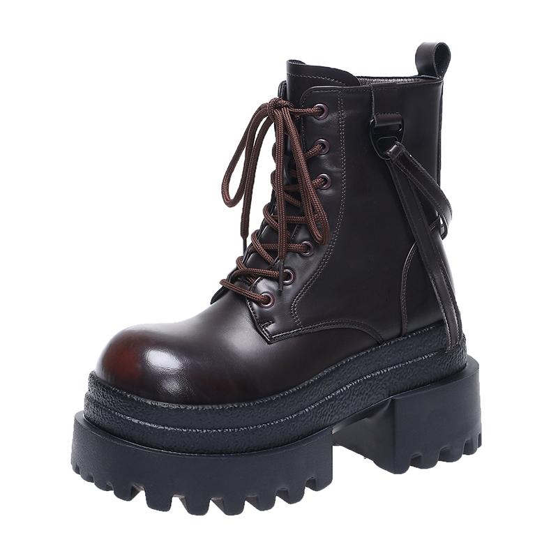 Mode 9CM Damen Chunky Motorradstiefel Herbst Mikrofaserleder Versteckte Absätze Sneakers Winter Punk Stiefel Plateau Stiefeletten 37 braun von Joom DACH