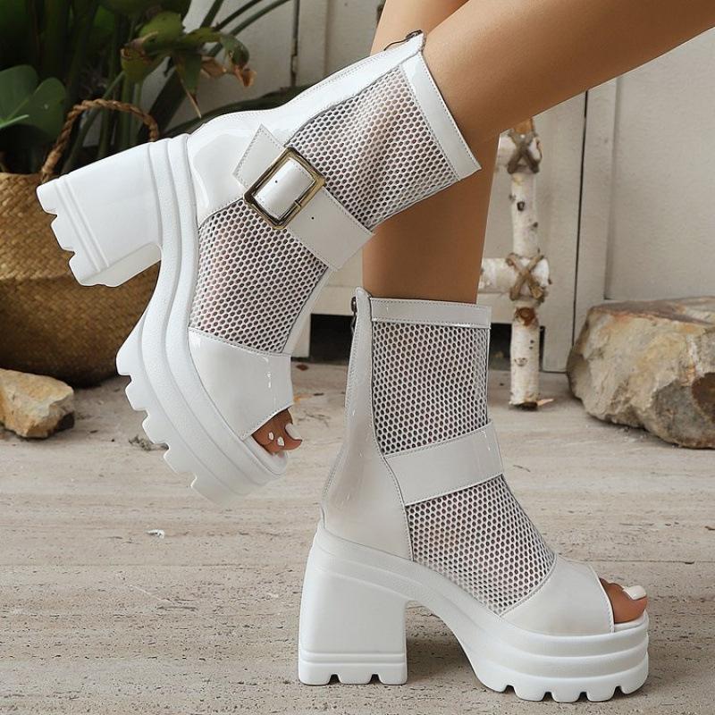 Mode Klobige Absatzsandalen Sommer Neu Runde Zehenpartie Offene Zehenpartie Spleiß-Mesh Metallschnalle Reißverschluss hinten Wasserdichte Plateau High Heels 36 weiß von Joom DACH
