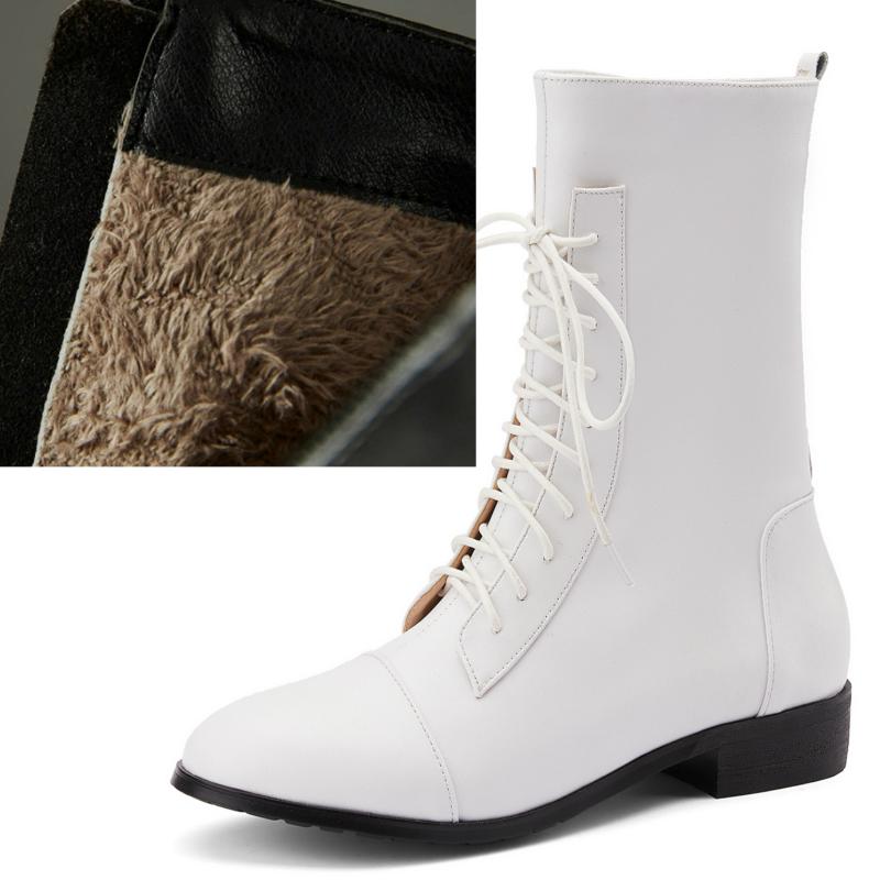 Fashion Echtes Leder Stiefeletten Frauen Casual Winter Kurze Boot Fashion Lace-up Schwarz Weiß Schuhe Damen Schuhe große größe 46 48 40 von Joom DACH