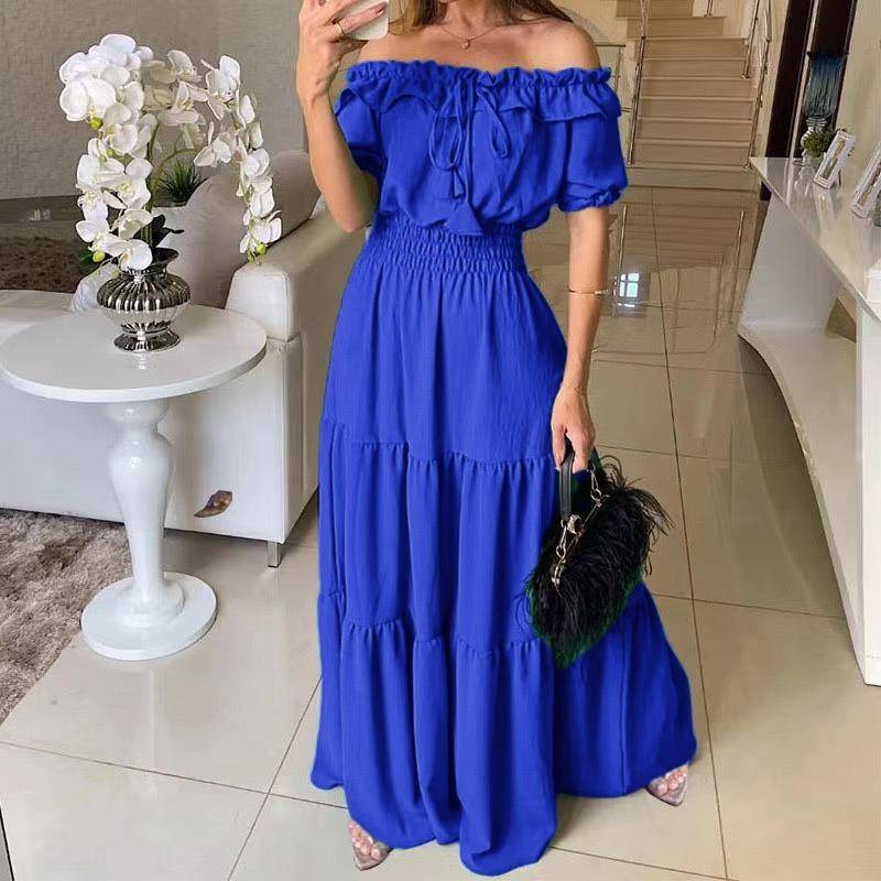Mode Elegant Schulterfrei Rüschen Kurzarm Sommerkleid Schnürung Slim Fit A-Linie Party Lange Kleider Damen Lässig Einfarbig Lockere Kleidung L blau von Joom DACH