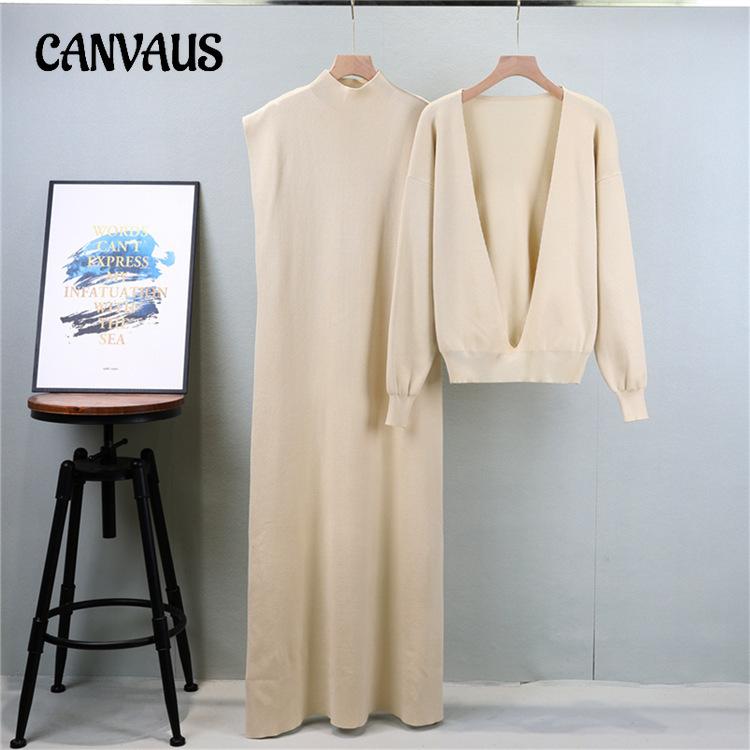 Fashion Set Damen Herbst Ärmellos Strick Langes Kleid Langarm Top Übergröße Tiefem V-Ausschnitt Kleid Anzug One Size schwarz von Joom DACH
