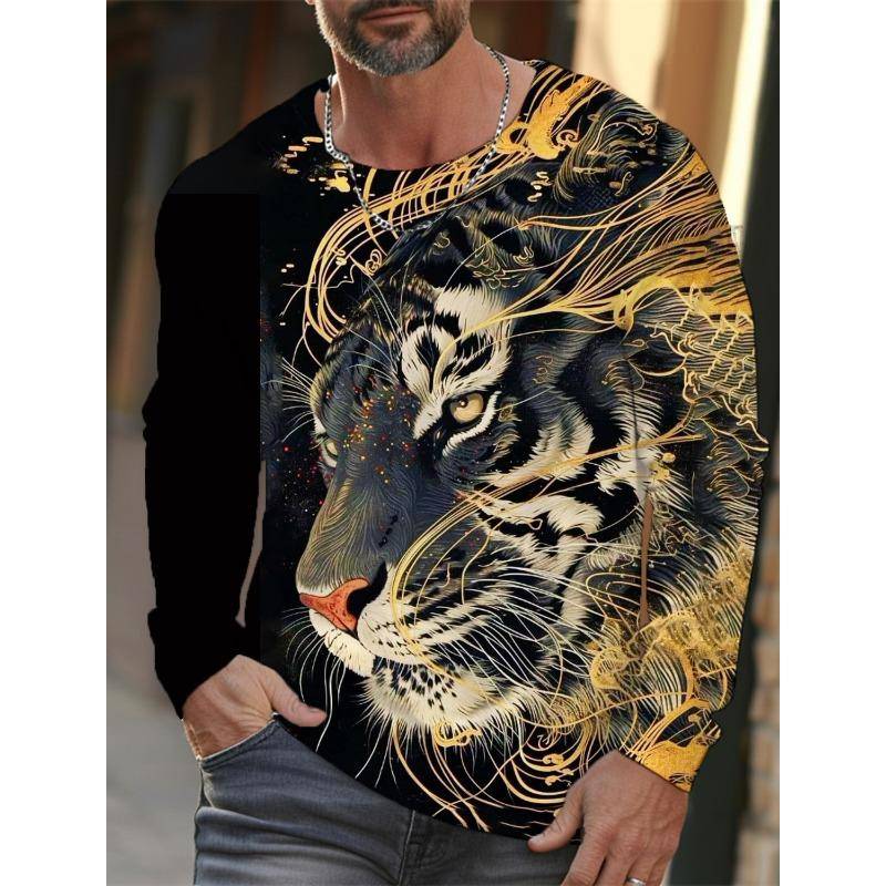 Mode Tiger Grafik Herren T-Shirts Herbst Langarm T-Shirt Tops O-Ausschnitt Regulär Lässig Locker O-Ausschnitt Herrenbekleidung Pullover 3XL von Joom DACH