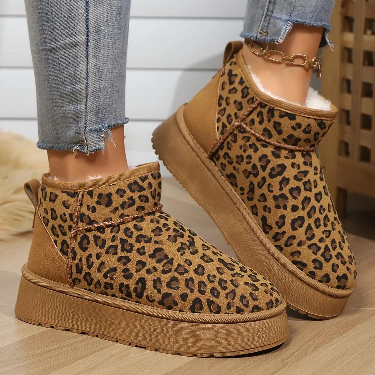 Mode Damen Leopard Plateau Ballerinas Schnee Stiefeletten Fell Warme Schuhe Winter 2025 Trend Gemütliche Kurze Plüsch Freizeitstiefel Baumwolle Botas Mujer 40 gelb von Joom DACH