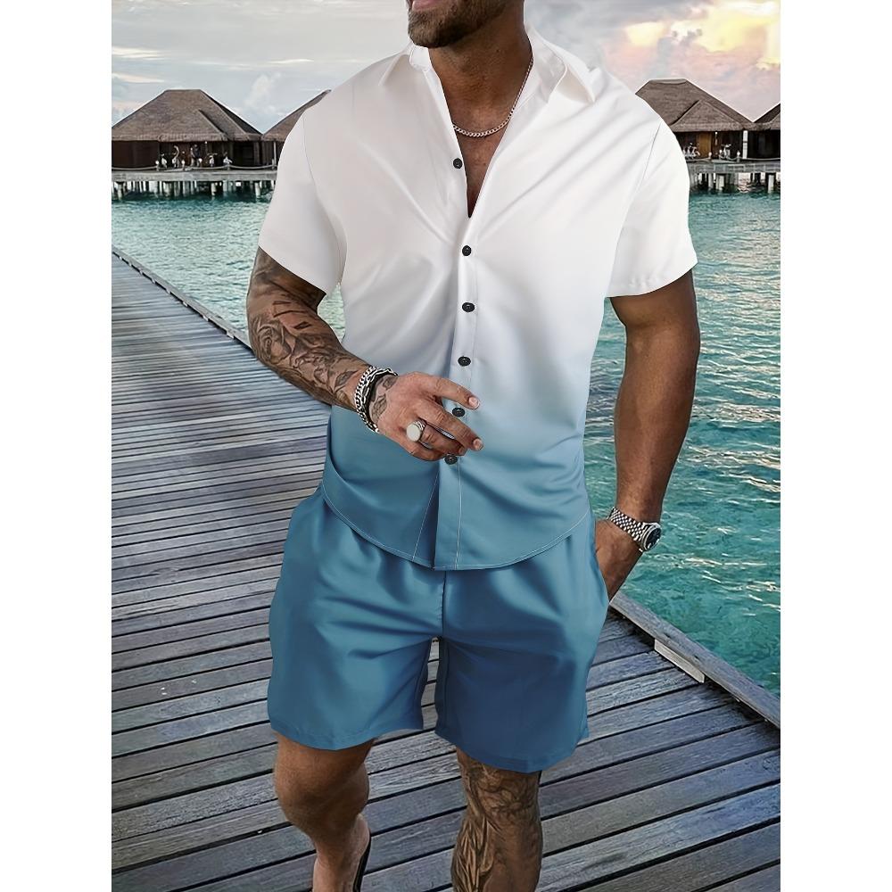 Modisches Sommerhemd-Set für Herren, 3D-gedruckt, gestreift, mit Farbverlauf, kurzärmelig, Freizeithemd, übergroße Strandshorts, hawaiianischer Herrenanzug XL Modisches Sommerhemd-Set für Herren, 3D-gedruckt, gestreift, mit Farbverlauf, kurzärmelig, Freizeithemd, übergroße Strandshorts, hawaiianischer Herrenanzug XL von Joom DACH