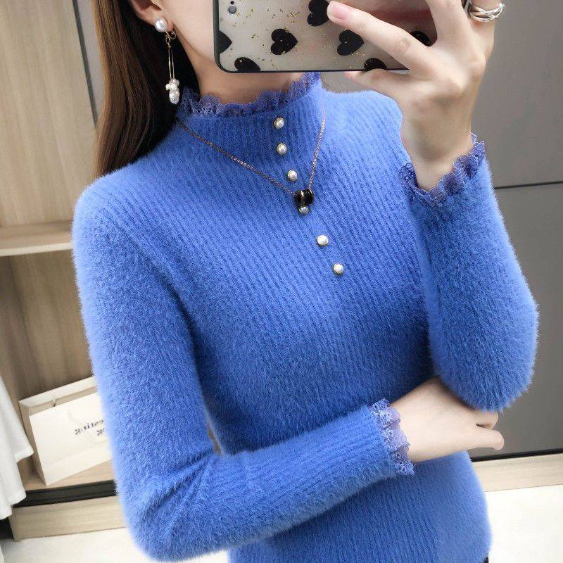 Faux Fleece High Neck Verdickte Warme Pullover Frauen Bottoming Shirt Herbst und Winter Spitze Perlen Tops Strickpullover M von Joom DACH
