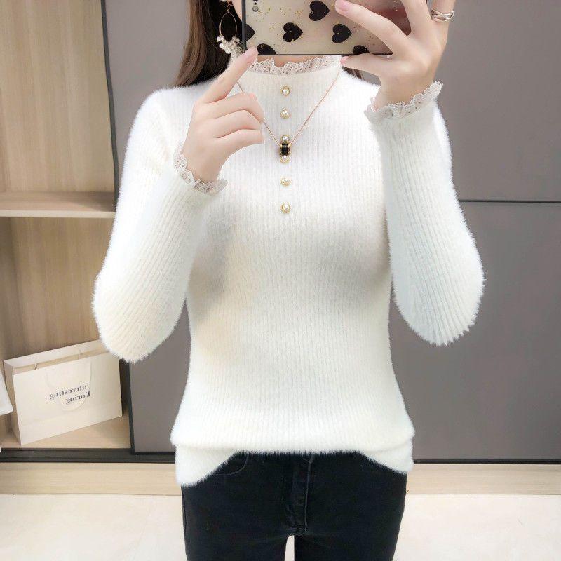 Faux Fleece High Neck Verdickte Warme Pullover Frauen Bottoming Shirt Herbst und Winter Spitze Perlen Tops Strickpullover S weiß von Joom DACH