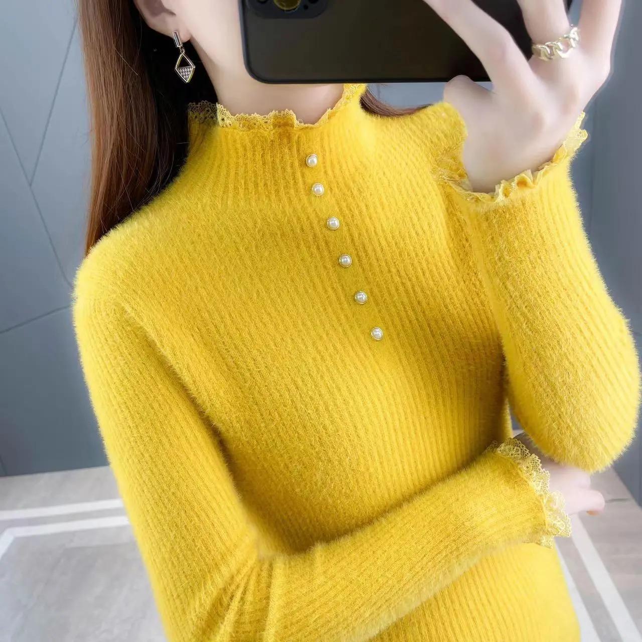 Faux Fleece High Neck Verdickte Warme Pullover Frauen Bottoming Shirt Herbst und Winter Spitze Perlen Tops Strickpullover XL von Joom DACH