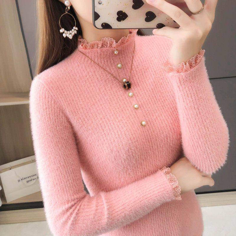 Faux Fleece High Neck Verdickte Warme Pullover Frauen Bottoming Shirt Herbst und Winter Spitze Perlen Tops Strickpullover XXL rosa von Joom DACH