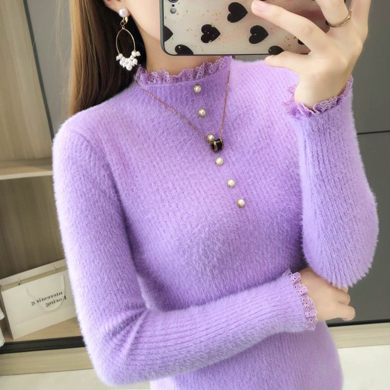 Faux Fleece High Neck Verdickte Warme Pullover Frauen Bottoming Shirt Herbst und Winter Spitze Perlen Tops Strickpullover XXL von Joom DACH