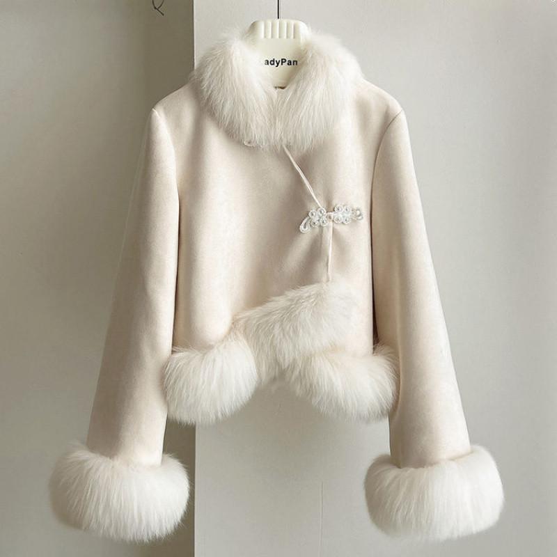 Faux Fuchs Pelzmantel Frauen Neue Premium Gefühl Verdickt Winter Spleißen Junge Kurzmantel Frauen L beige von Joom DACH