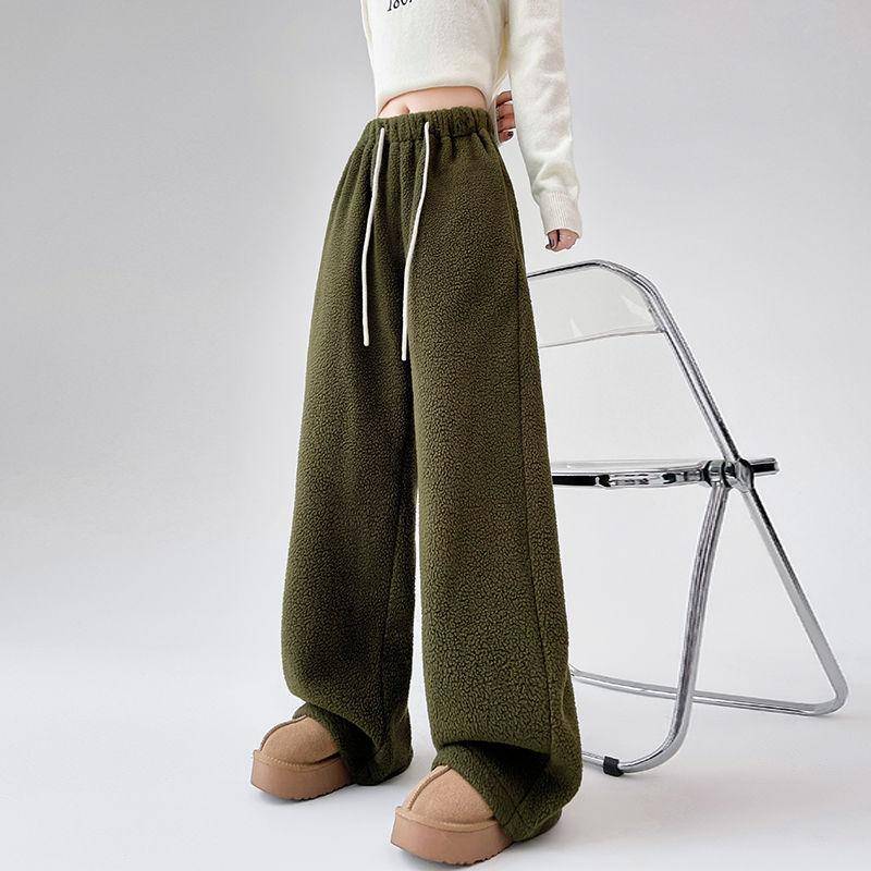 Faux Lammwolle Warme Weite Hosen Frauen Y2K Winter Chic Dicken Kordelzug Jogger Weibliche Feste Hohe Taille Lose Jogginghose Neue 2XL dunkelgrüne von Joom DACH
