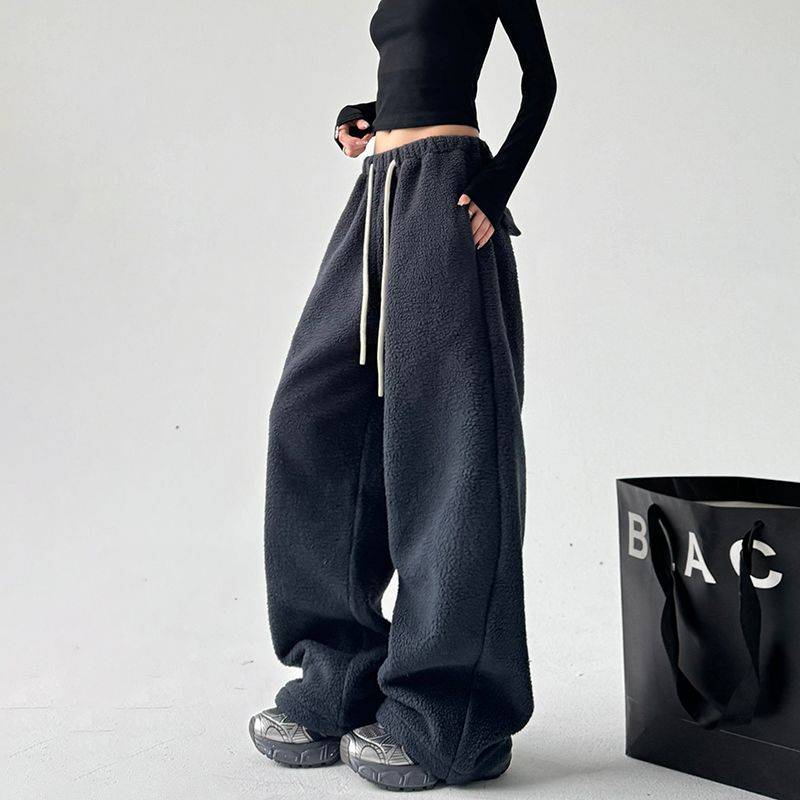 Faux Lammwolle Warme Weite Hosen Frauen Y2K Winter Chic Dicken Kordelzug Jogger Weibliche Feste Hohe Taille Lose Jogginghose Neue L von Joom DACH