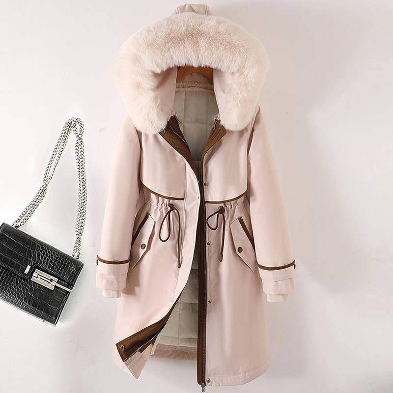 Faux Pelz Kragen Lange Jacken für Frauen Winter Neue Liner Abnehmbare Weibliche Gepolsterte Mantel Winter Koreanischen Stil Parkas Mit Kapuze L beige von Joom DACH