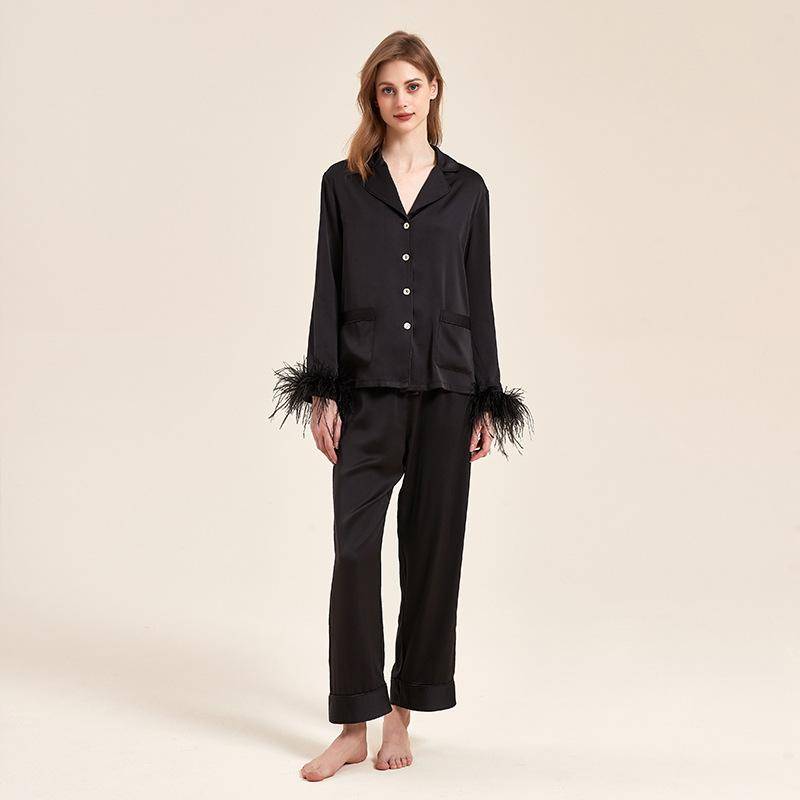 Feder-Satin Damen-Pyjama-Set, High-End-Hemd, Cardigan, Hose, Homewear, Lässiger lockerer Pyjama, Homewear M schwarz von Joom DACH