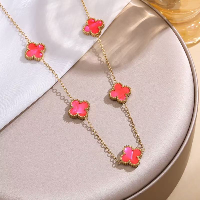 Feiner 18k Titanstahl Verliert Keine Farbe Vierblättriges Kleeblatt Doppelseitiges Perlmutt Fünf Blumen Halskette Damen Schlüsselbeinkette 18K heißes rosa von Joom DACH