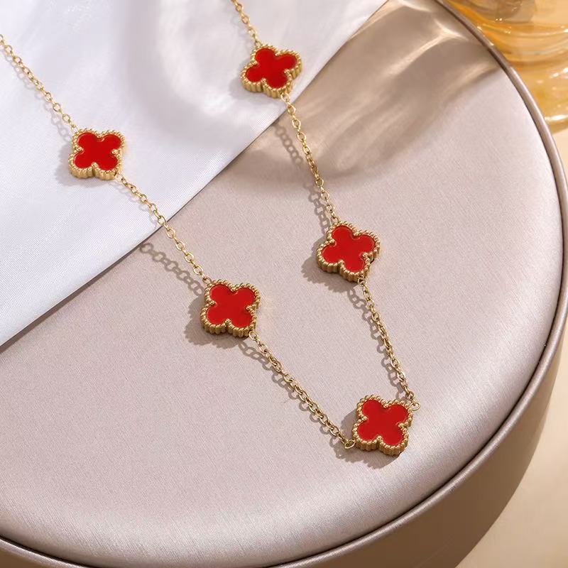 Feiner 18k Titanstahl Verliert Keine Farbe Vierblättriges Kleeblatt Doppelseitiges Perlmutt Fünf Blumen Halskette Damen Schlüsselbeinkette 18K rot von Joom DACH