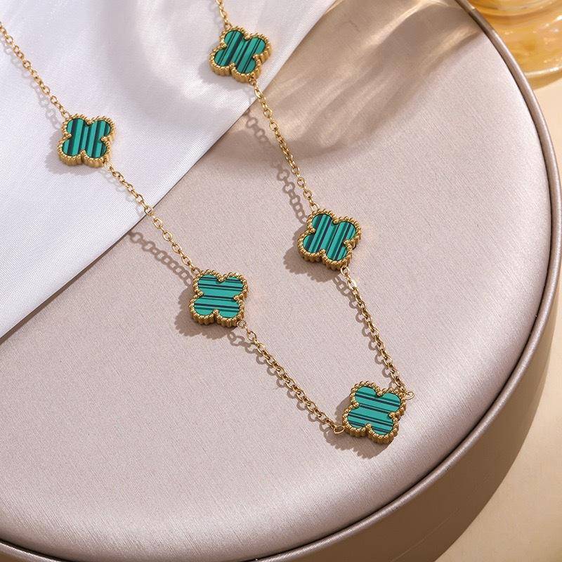 Feiner 18k Titanstahl Verliert Keine Farbe Vierblättriges Kleeblatt Doppelseitiges Perlmutt Fünf Blumen Halskette Damen Schlüsselbeinkette 18K grün von Joom DACH