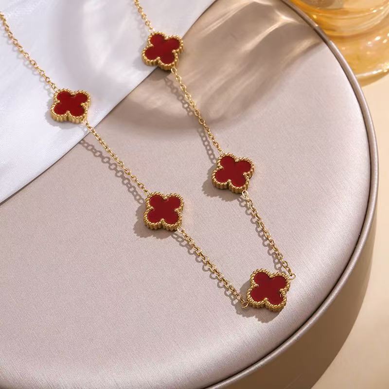 Feiner 18k Titanstahl Verliert Keine Farbe Vierblättriges Kleeblatt Doppelseitiges Perlmutt Fünf Blumen Halskette Damen Schlüsselbeinkette 18K dunkelrote von Joom DACH