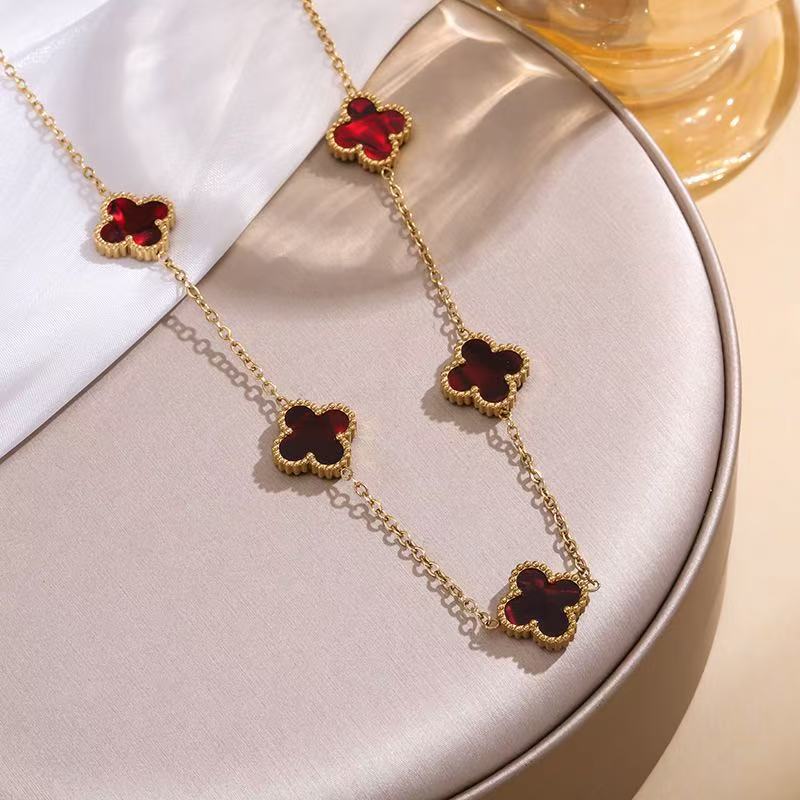 Feiner 18k Titanstahl Verliert Keine Farbe Vierblättriges Kleeblatt Doppelseitiges Perlmutt Fünf Blumen Halskette Damen Schlüsselbeinkette 18K von Joom DACH