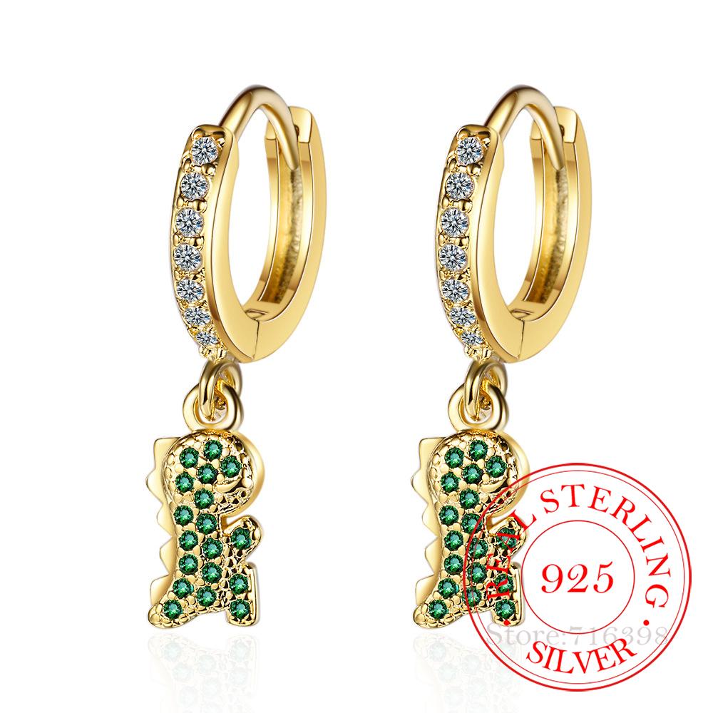 Feiner Schmuck Gold mit 925 Sterling Silber Grüner Kristall Niedlicher Dinosaurier Ohrring Koreanische Einfache Hängeohrringe für Mädchen von Joom DACH