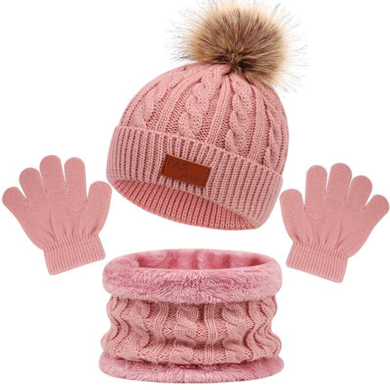 Fellknäuel Baby Wintermütze Schal Handschuhe Set 3PCS Gestrickte Kinder Beanie Baby Caps Kleinkind Zubehör Säuglingsmütze Hüte für 1-5 Jahre dunkel rosa von Joom DACH