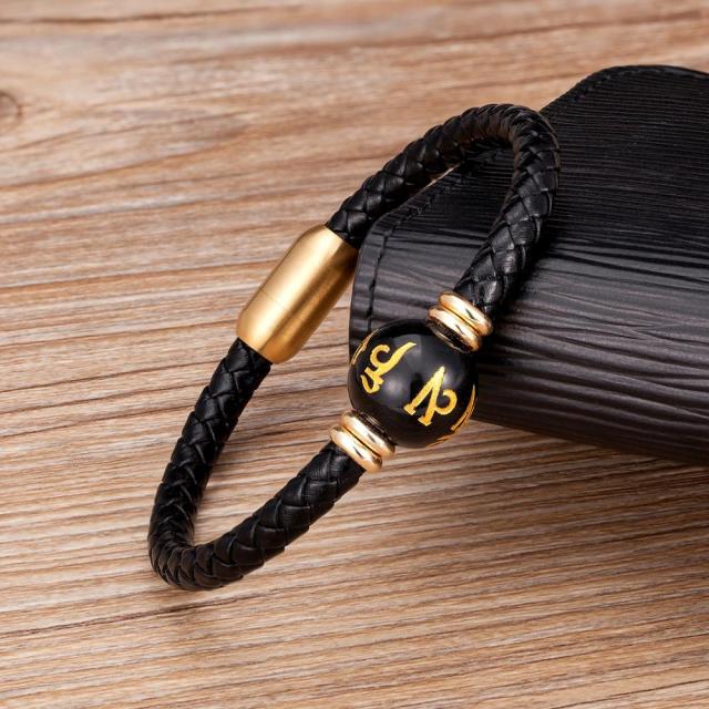 Feng Shui Schwarzer Obsidian-Armband-Charm, sechs Zeichen, Motto-Perle, echtes Leder, Herren-Armband, Glücksbringer, Schmuck, Freunde, Geschenk 23cm von Joom DACH