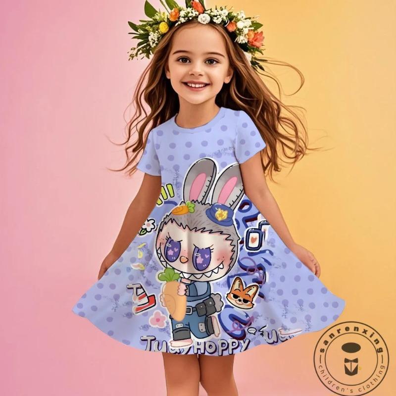 Festliches Kleid für Mädchen Miniso 2025 Neu Sommer Disney LABUBU Mädchen 3D-Druck Niedliche Kinderkleider Kinder 120 von Joom DACH