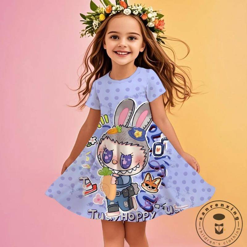 Festliches Kleid für Mädchen Miniso 2025 Neu Sommer Disney LABUBU Mädchen 3D-Druck Niedliche Kinderkleider Kinder 120 von Joom DACH