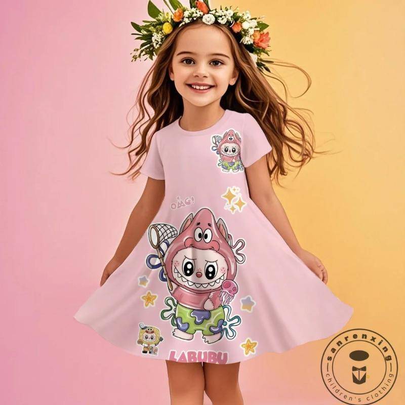 Festliches Kleid für Mädchen Miniso 2025 Neu Sommer Disney LABUBU Mädchen 3D-Druck Niedliche Kinderkleider Kinder 140 von Joom DACH