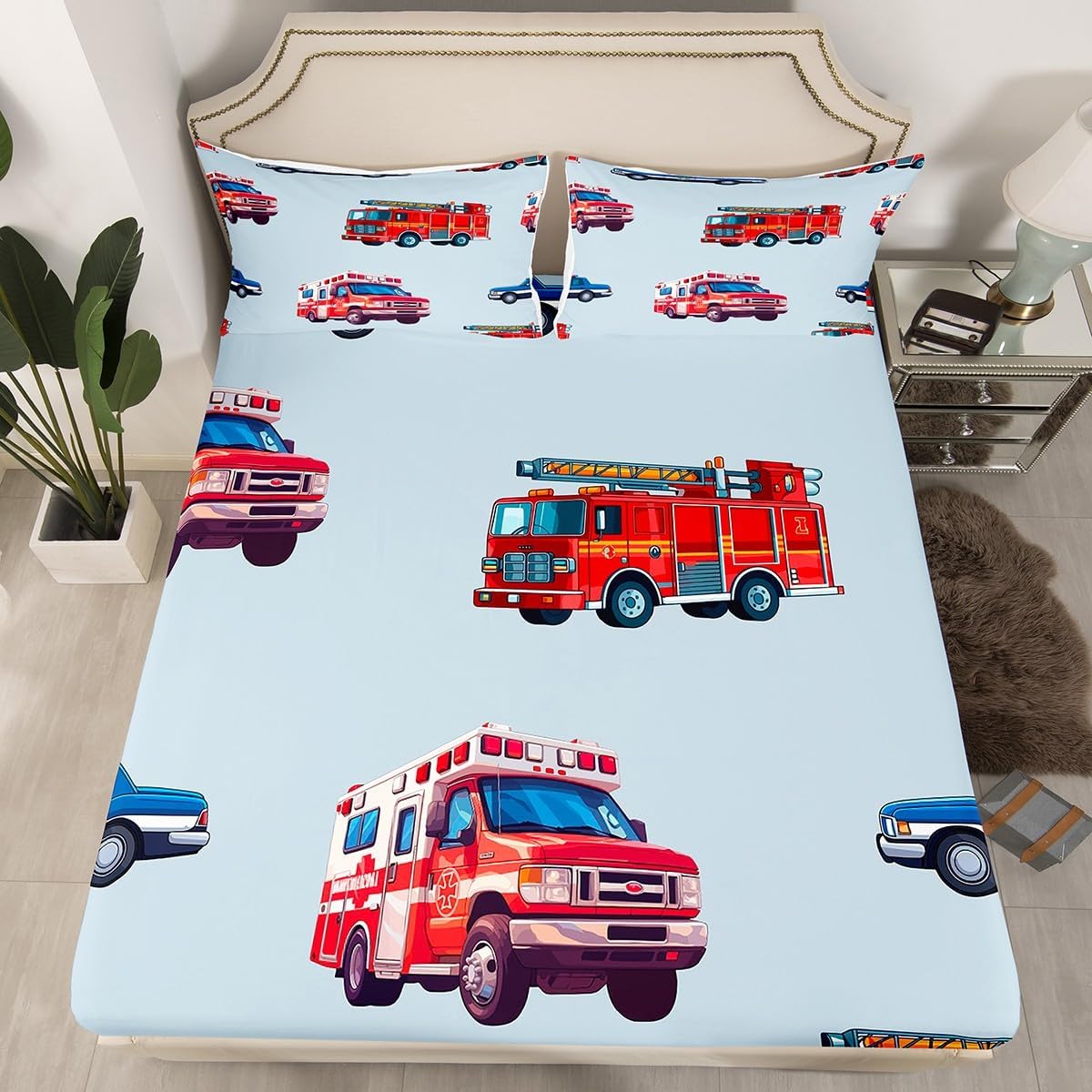 Feuerwehrauto Spannbettlaken Cartoon Auto Bettwäscheset für Jungen, Feuerwehrmann Bettlaken Set Feuerwehrmann Auto Fahrzeug Feuerwehrwagen Bettdecke 90x200cm von Joom DACH