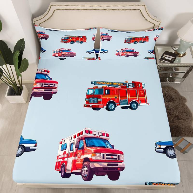 Feuerwehrauto Spannbettlaken Cartoon Auto Bettwäscheset für Jungen, Feuerwehrmann Bettlaken Set Feuerwehrmann Auto Fahrzeug Feuerwehrwagen Bettdecke 90x200cm von Joom DACH