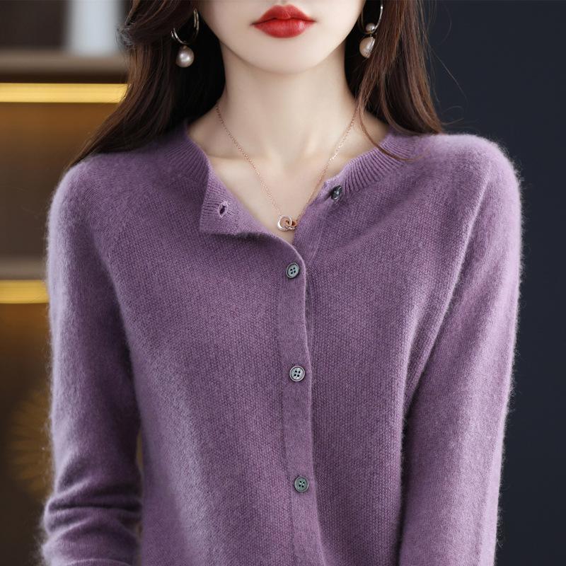First-Line Ready-to-wear Rundhals Damen Wollcardigan Frühling und Herbst Neu Einfacher Slim Pullover Strickjacke Strickpullover Jacke Oberteil XXL violett von Joom DACH