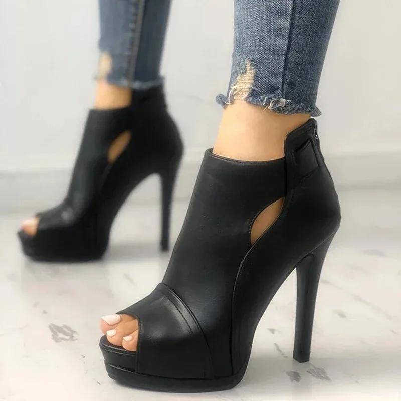 Fischmaul Sandalen High Heels Damen Pumps Büro Atmungsaktiv Aushöhlen Quadratische Stiefel Sommer Plateau Heels Party Hochzeitsschuhe 40 schwarz von Joom DACH