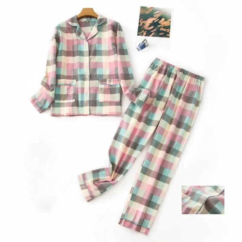 FiveFive Damen-Schlafanzug, Flanell-Baumwolle, Homewear-Anzug, Herbst-Winter-Pyjama, karierter Aufdruck, Schlafoberteile L rosa grün von Joom DACH
