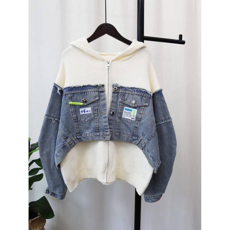 FiveFive Denim Patchwork Cardigan Mantel Frauen Langarm Mit Kapuze Lose Brief Patch Pullover Jacke Herbst Winter One Size von Joom DACH