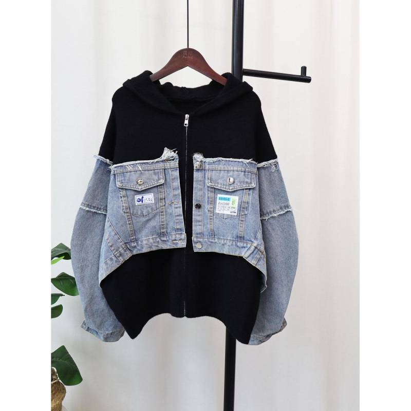 FiveFive Denim Patchwork Cardigan Mantel Frauen Langarm Mit Kapuze Lose Brief Patch Pullover Jacke Herbst Winter One Size von Joom DACH