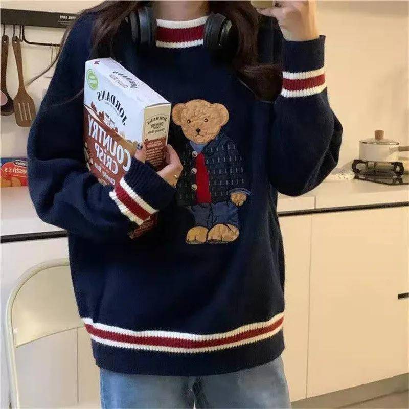 FiveFive Harajuku Cartoon Bär Stickerei Strickpullover Herbst Winter Frauen Oversize-Pullover Lässig Dicke Warme Süße Kawaii Jumper XL von Joom DACH