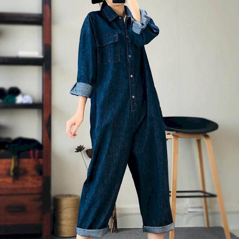 FiveFive Oversized Denim Jumpsuit Damen Blau Denim Langarm Playsuits Hohe Taille Mode Tops Lässiges Einteiler Outfit Damen XL blau von Joom DACH