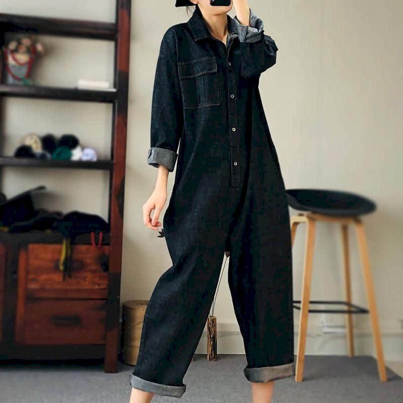 FiveFive Oversized Denim Jumpsuit Damen Blau Denim Langarm Playsuits Hohe Taille Mode Tops Lässiges Einteiler Outfit Damen XL schwarz von Joom DACH