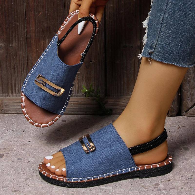 Flache Sandalen Damen Stoff Elastische Bänder Metalldekorationen Übergrößen Schuhe Strandschuhe 39 blau von Joom DACH