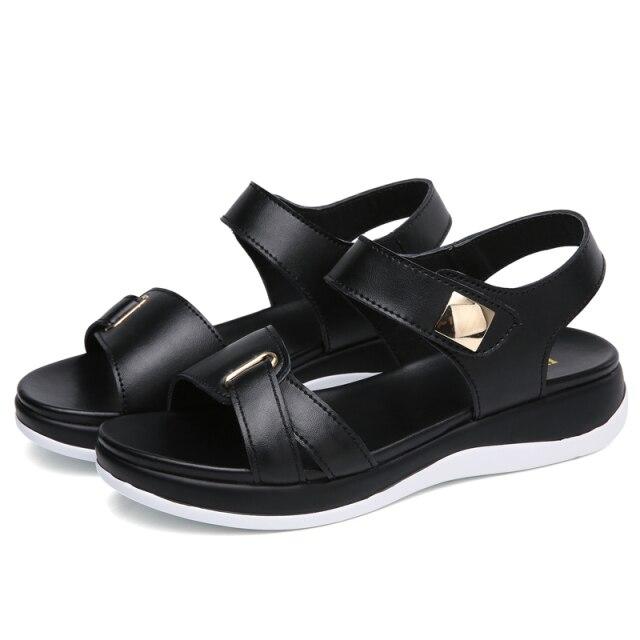Flache Sandalen für Damen, bequeme Plateau-Leder-Outdoor-Damensandalen, offene Zehen-Strandschuhe 37 schwarz von Joom DACH