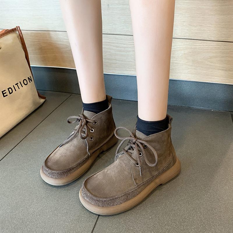 Flache Schuhe Damen Leder Runde Zehenpartie Genähte Schnürschuhe Dicke Sohle Damenschuhe mit niedrigem Absatz Handgefertigt Große Größe 39 grau von Joom DACH