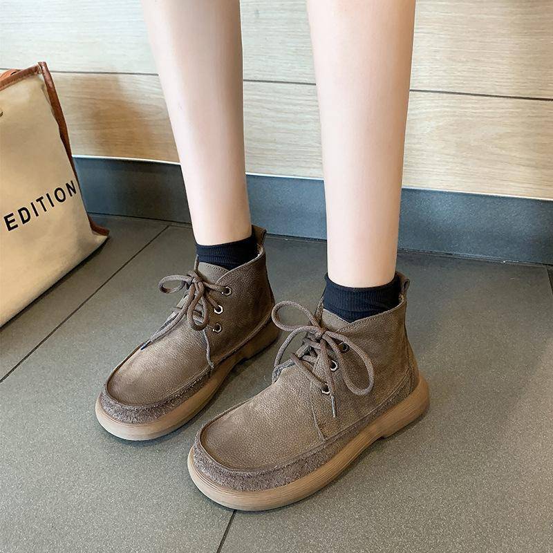 Flache Schuhe Damen Leder Runde Zehenpartie Genähte Schnürschuhe Dicke Sohle Damenschuhe mit niedrigem Absatz Handgefertigt Große Größe 39 grau von Joom DACH