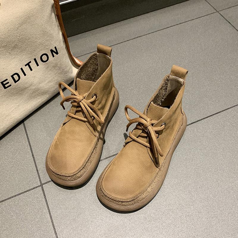 Flache Schuhe Damen Leder Runde Zehenpartie Genähte Schnürschuhe Dicke Sohle Damenschuhe mit niedrigem Absatz Handgefertigt Große Größe 40 khaki von Joom DACH
