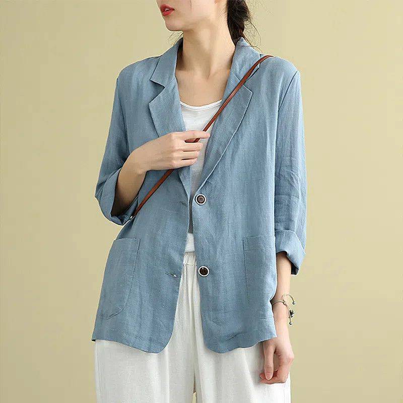 Flachs-Version der Sommer-Langarm-Knopf-Baumwollleinen-dünne Strickjacke-Jacke für Damen XXL blau von Joom DACH