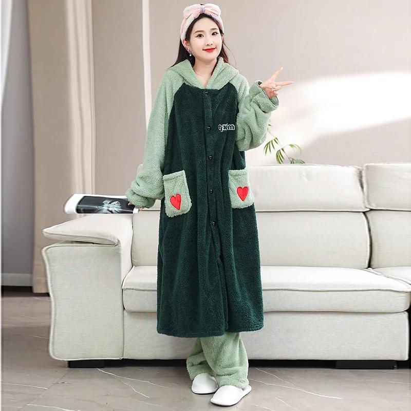 Flanell Nachthemd Morgenmantel Cosplay Kapuze Plüsch Schlafbekleidung Winter Niedlich Dick Warm Nachtkleid für Damen Kapuzenpyjama Lang XL grün von Joom DACH